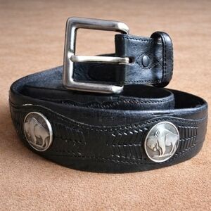 VINTAGE Western Buffalo Medallion Bison Belt Black Leather 38 Southwestern